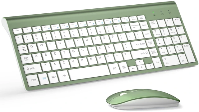 Main image of Wireless Keyboard and Mouse Ultra Slim Combo, Green White | 2.4G Silent Compact 2400DPI Mouse and Scissor Switch Keyboard Set with Cover, Batteries Included, for PC/Laptop/Windows/Mac