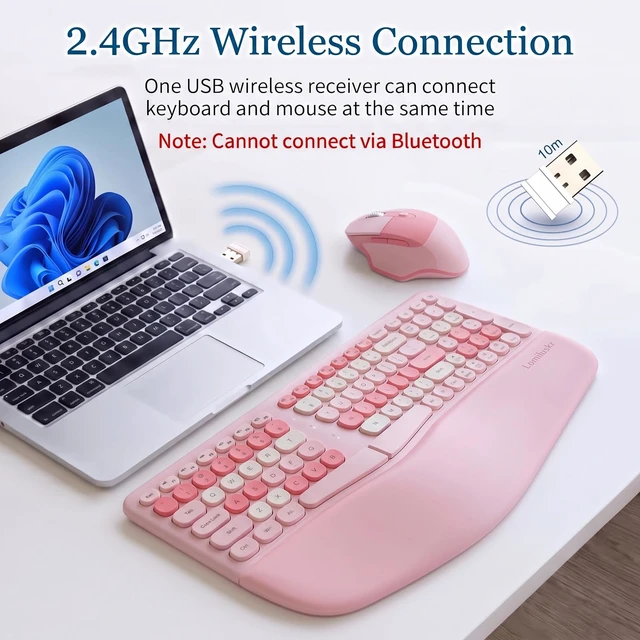 Alt view image 3 of 7 - Wireless Ergonomic Keyboard and Mouse Combo with PU Wrist Rest, Carpal Tunnel Keyboard, 2.4G Colorful Split Ergo Keyboard, Comfortable Natural Typing, Compatible with PC/Laptop (Pink)