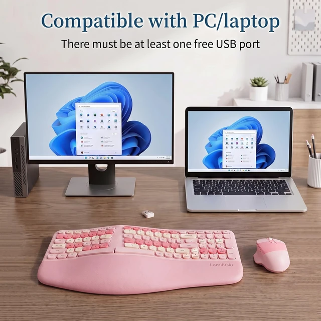Alt view image 4 of 7 - Wireless Ergonomic Keyboard and Mouse Combo with PU Wrist Rest, Carpal Tunnel Keyboard, 2.4G Colorful Split Ergo Keyboard, Comfortable Natural Typing, Compatible with PC/Laptop (Pink)