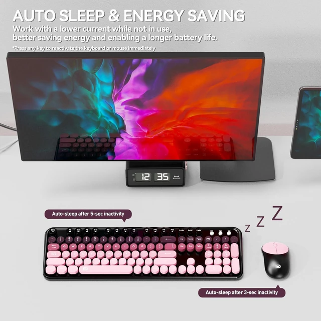 Alt view image 4 of 7 - Wireless Keyboard and Mouse Combo - 2.4G Full-Sized Cute Colorful Mouse and Keyboard with 104 Round Keys Retro Typewriter Keyboards for Laptop/Windows/PC - Pink Gradient