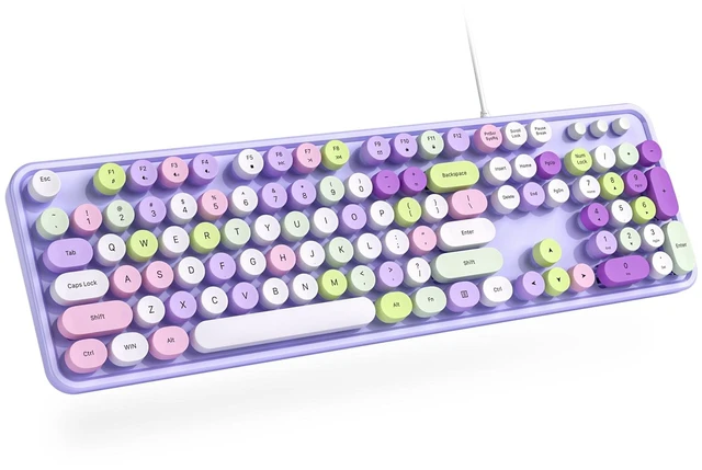 Main image of Wired Keyboard, 104 Keys Full-Sized Typewriter Keyboards, USB Office Keyboard with Number Pad, Caps Indicators, Foldable Stands for Windows, PC, Laptop, Desktop (Purple Colorful)