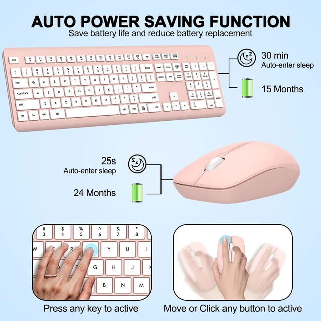Alt view image 3 of 7 - Wireless Keyboard and Mouse Combo, Full-Size Silent Ergonomic Keyboard and Optical Mouse, Long Battery Life, 2.4G Lag-Free Mice Keyboard for Computer,Mac,Laptop,PC,Windows(White Pink)