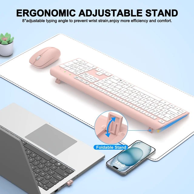 Alt view image 4 of 7 - Wireless Keyboard and Mouse Combo, Full-Size Silent Ergonomic Keyboard and Optical Mouse, Long Battery Life, 2.4G Lag-Free Mice Keyboard for Computer,Mac,Laptop,PC,Windows(White Pink)