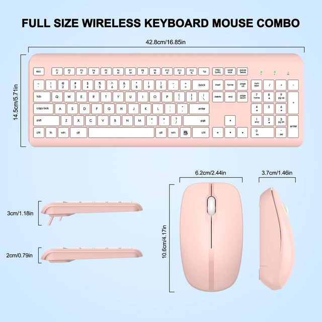 Alt view image 6 of 7 - Wireless Keyboard and Mouse Combo, Full-Size Silent Ergonomic Keyboard and Optical Mouse, Long Battery Life, 2.4G Lag-Free Mice Keyboard for Computer,Mac,Laptop,PC,Windows(White Pink)