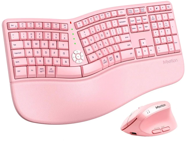 Main image of Ergonomic Keyboard and Mouse Combo, Split Wireless Design, Pink | 2.4G split keyboard with cushioned palm rest and vertical mouse, full-size natural typing design, for Windows and Mac