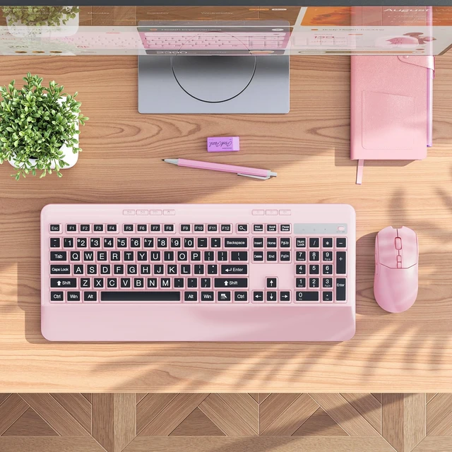 Alt view image 3 of 7 - Silent Wireless Keyboard and Mouse Combo - Keyboard with Large Print Cover, 2.4GHz Full-Sized Ergonomic Keyboard with Wrist Rest and Mouse for Laptop, PC, Notebook, Desktop