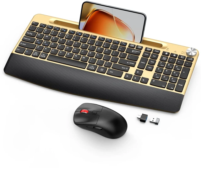 Main image of Ergonomic Wireless Keyboard and Mouse with Wrist RestPhone Holder - 2.4GHz Full-Sized Low-Profile Quiet Gold Wireless Mouse and Keyboard Combo for Computer, Laptop, PC, Mac-Gold