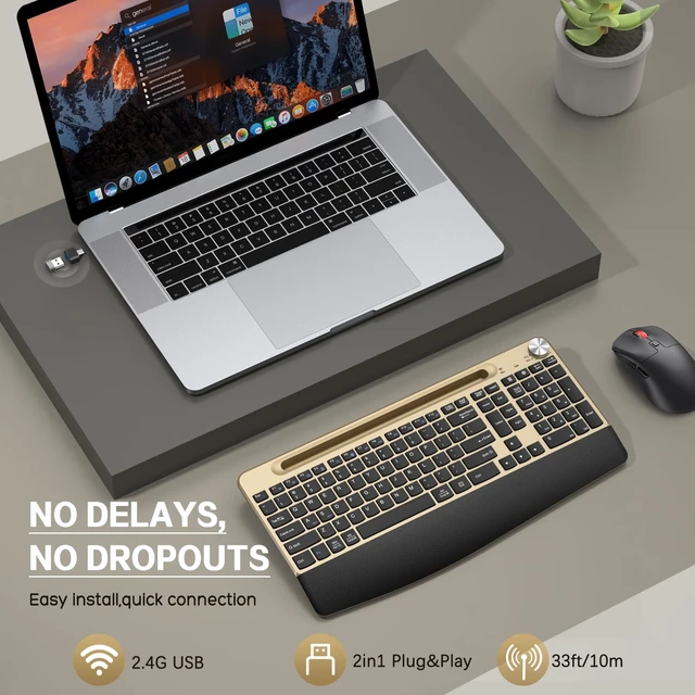 Alt view image 2 of 7 - Ergonomic Wireless Keyboard and Mouse with Wrist RestPhone Holder - 2.4GHz Full-Sized Low-Profile Quiet Gold Wireless Mouse and Keyboard Combo for Computer, Laptop, PC, Mac-Gold