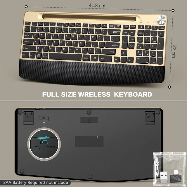 Alt view image 3 of 7 - Ergonomic Wireless Keyboard and Mouse with Wrist RestPhone Holder - 2.4GHz Full-Sized Low-Profile Quiet Gold Wireless Mouse and Keyboard Combo for Computer, Laptop, PC, Mac-Gold
