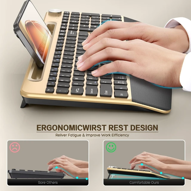 Alt view image 4 of 7 - Ergonomic Wireless Keyboard and Mouse with Wrist RestPhone Holder - 2.4GHz Full-Sized Low-Profile Quiet Gold Wireless Mouse and Keyboard Combo for Computer, Laptop, PC, Mac-Gold