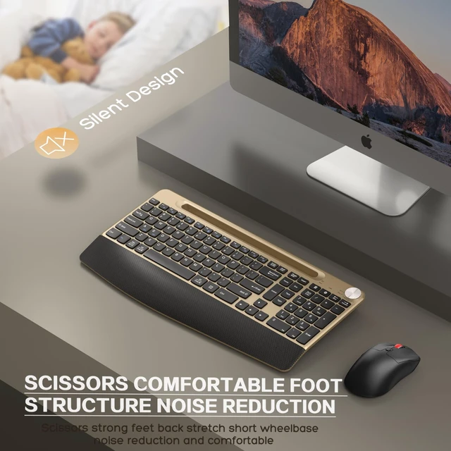 Alt view image 5 of 7 - Ergonomic Wireless Keyboard and Mouse with Wrist RestPhone Holder - 2.4GHz Full-Sized Low-Profile Quiet Gold Wireless Mouse and Keyboard Combo for Computer, Laptop, PC, Mac-Gold