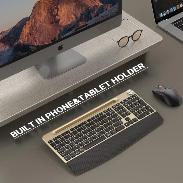 Alt view image 7 of 7 - Ergonomic Wireless Keyboard and Mouse with Wrist RestPhone Holder - 2.4GHz Full-Sized Low-Profile Quiet Gold Wireless Mouse and Keyboard Combo for Computer, Laptop, PC, Mac-Gold