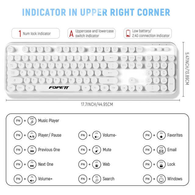 Alt view image 3 of 7 - Wireless Keyboard and Mouse Combo - 2.4G Full-Sized White Keyboard with Round Keycaps 104 Keys Typewriter Keyboard for Laptop/Windows/PC - White