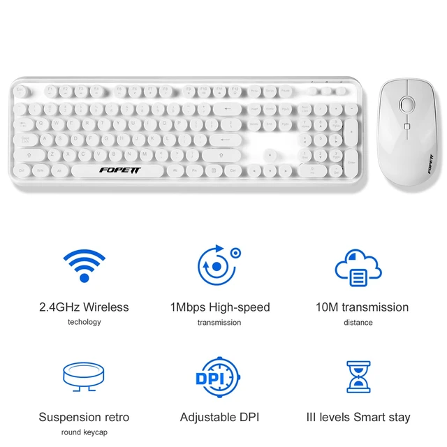 Alt view image 6 of 7 - Wireless Keyboard and Mouse Combo - 2.4G Full-Sized White Keyboard with Round Keycaps 104 Keys Typewriter Keyboard for Laptop/Windows/PC - White