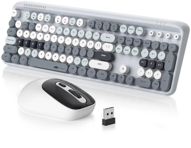 Main image of V920 Wireless Keyboard and Mouse Combo, 2.4G Full-Sized Retro Typewriter Keyboard with Round Keycaps & Auto-Sleep Mode, Cute Computer Keyboard and Cordless Optical Mouse for Laptop/PC (Gray)