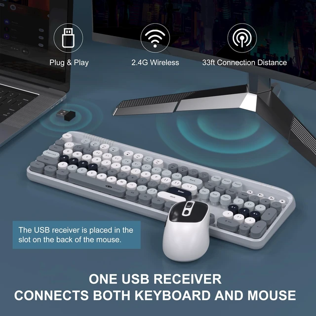 Alt view image 2 of 7 - V920 Wireless Keyboard and Mouse Combo, 2.4G Full-Sized Retro Typewriter Keyboard with Round Keycaps & Auto-Sleep Mode, Cute Computer Keyboard and Cordless Optical Mouse for Laptop/PC (Gray)