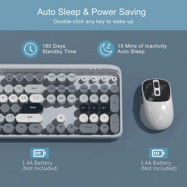 Alt view image 4 of 7 - V920 Wireless Keyboard and Mouse Combo, 2.4G Full-Sized Retro Typewriter Keyboard with Round Keycaps & Auto-Sleep Mode, Cute Computer Keyboard and Cordless Optical Mouse for Laptop/PC (Gray)