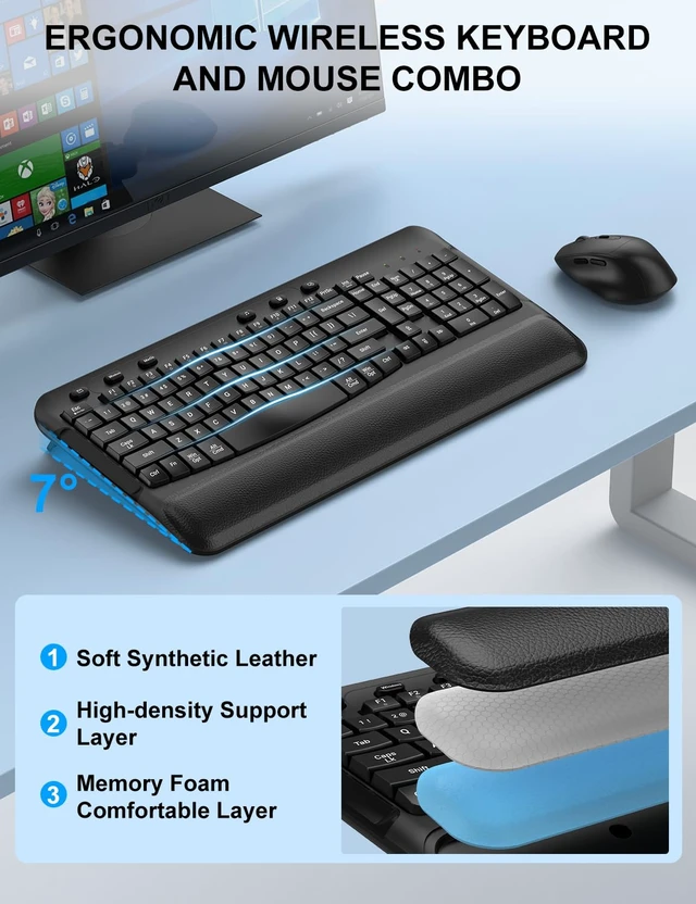 Alt view image 2 of 7 - Ergonomic Wireless Keyboard and Mouse, Silent Wave Keys with Soft Palm Rest | 2.4G Plug and Play, Full size Full-Size with Numeric Keypad, 3 Level DPI Optical Silent Mouse for Windows & Mac