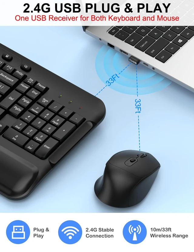 Alt view image 4 of 7 - Ergonomic Wireless Keyboard and Mouse, Silent Wave Keys with Soft Palm Rest | 2.4G Plug and Play, Full size Full-Size with Numeric Keypad, 3 Level DPI Optical Silent Mouse for Windows & Mac
