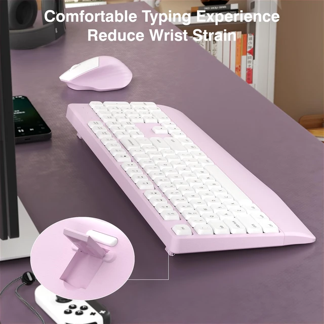 Alt view image 5 of 7 - Ergonomic Wireless Keyboard and Mouse Combo(Pink) | Full-Sized Wireless Keyboard with Wrist Rest, BK Chipset, Auto Sleep, Compatible with PC/Laptop/Desktop for Office Home Use