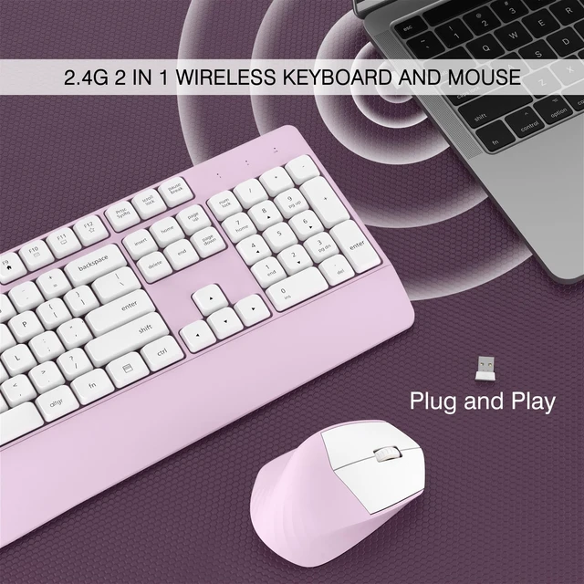 Alt view image 2 of 7 - Ergonomic Wireless Keyboard and Mouse Combo(Pink) | Full-Sized Wireless Keyboard with Wrist Rest, BK Chipset, Auto Sleep, Compatible with PC/Laptop/Desktop for Office Home Use