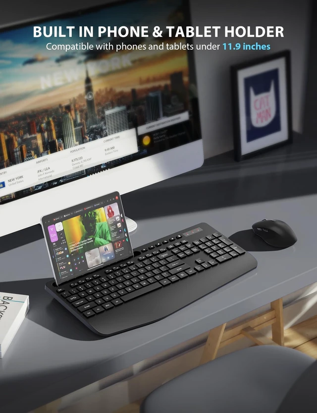 Alt view image 2 of 7 - Wireless Keyboard and Mouse Combo - Full-Sized, Ergonomic Wrist Rest | Phone Holder, Sleep Mode, 2.4G Quiet Keyboard for PC Laptop, KM23 Complete Work Setup for Office or Home