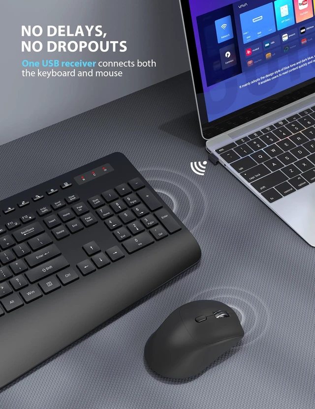 Alt view image 3 of 7 - Wireless Keyboard and Mouse Combo - Full-Sized, Ergonomic Wrist Rest | Phone Holder, Sleep Mode, 2.4G Quiet Keyboard for PC Laptop, KM23 Complete Work Setup for Office or Home