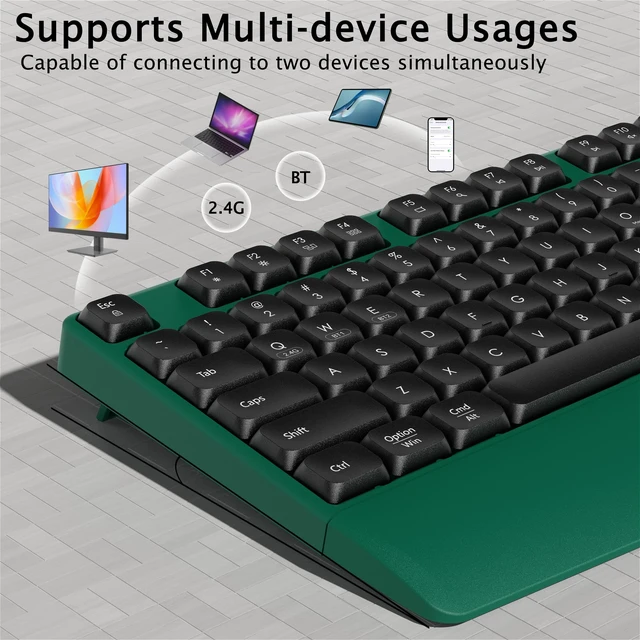 Alt view image 3 of 6 - Ergonomic Wireless Bluetooth Keyboard with Wrist Rest(Green) | 2.4GHz & Bluetooth Dual-Mode Full-Sized Wireless Keyboard for Windows, iPad, macOS, and Android Multi-Device Compatibility