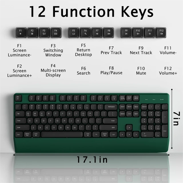 Alt view image 6 of 6 - Ergonomic Wireless Bluetooth Keyboard with Wrist Rest(Green) | 2.4GHz & Bluetooth Dual-Mode Full-Sized Wireless Keyboard for Windows, iPad, macOS, and Android Multi-Device Compatibility