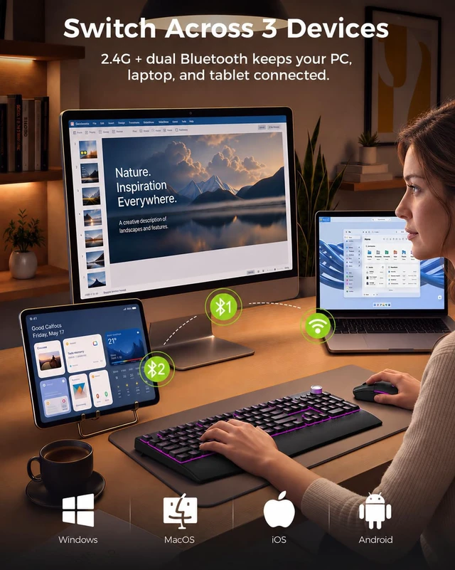 Alt view image 2 of 7 - Wireless Bluetooth Keyboard Mouse Combo, 12 Backlit Modes, Ergonomic | 3-device switching, rechargeable, full size with volume knob and 5-DPI quiet mice for Windows Mac iPad, Black-COE500 Pro