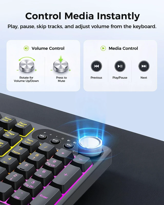 Alt view image 5 of 7 - Wireless Bluetooth Keyboard Mouse Combo, 12 Backlit Modes, Ergonomic | 3-device switching, rechargeable, full size with volume knob and 5-DPI quiet mice for Windows Mac iPad, Black-COE500 Pro