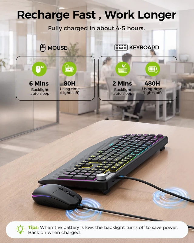 Alt view image 6 of 7 - Wireless Bluetooth Keyboard Mouse Combo, 12 Backlit Modes, Ergonomic | 3-device switching, rechargeable, full size with volume knob and 5-DPI quiet mice for Windows Mac iPad, Black-COE500 Pro