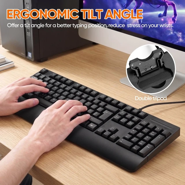 Alt view image 4 of 7 - Wired Keyboard and Mouse Combo with Palm Rest,Full-Sized Ergonomic Computer Keyboard and Optical Wired Mouse for Windows, Mac OS Desktop/Laptop/PC-Black
