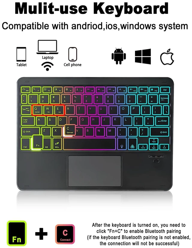 Alt view image 2 of 7 - Universal Touchpad Keyboard Case for 9.7,10.1,10.2,10.5",10.9",11" | ipad/Samsung Tablet, Rainbow Backlight TrackPad Keyboard with Type-C Charging Port fit 9.7-11 inch Android (Black)
