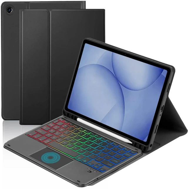 Main image of Touchpad Keyboard Case for Samsung Galaxy Tab A11 Plus/A9 Plus | 2025/2023 11 inch, 7-Color Backlight Type-C Charging Keyboard with Pencil Holder Cover Fit Tablet A11+/A9+ (Black)