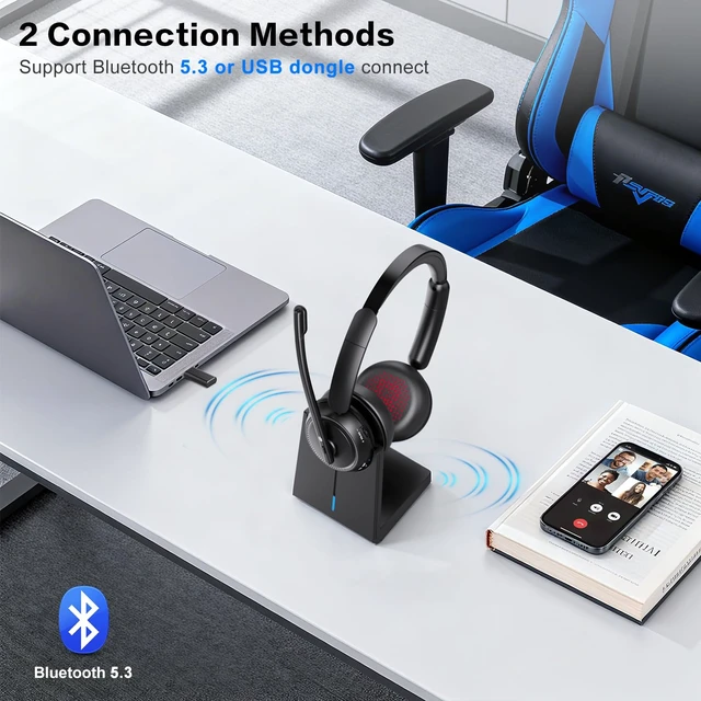 Alt view image 4 of 7 - Wireless Headset with Mic for Work, Bluetooth Headphones with Microphone (Noise Cancelling & Mute Button), Wireless Headset with mic for Work/Computer/PC/Laptop/Cell Phones/Call Center/Teams/Zoom/Home
