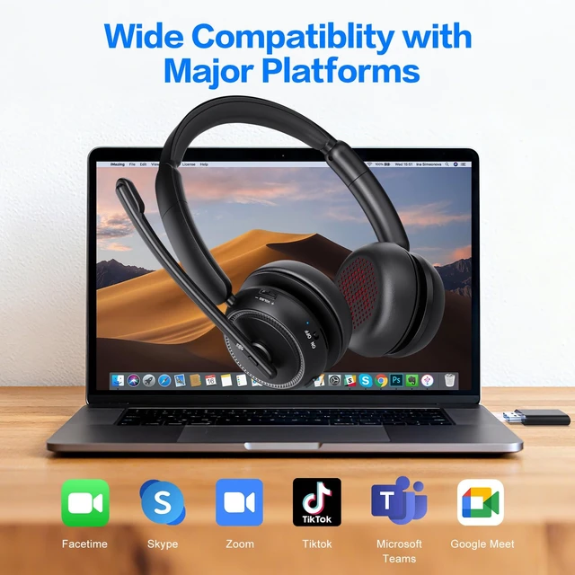Alt view image 6 of 7 - Wireless Headset with Mic for Work, Bluetooth Headphones with Microphone (Noise Cancelling & Mute Button), Wireless Headset with mic for Work/Computer/PC/Laptop/Cell Phones/Call Center/Teams/Zoom/Home