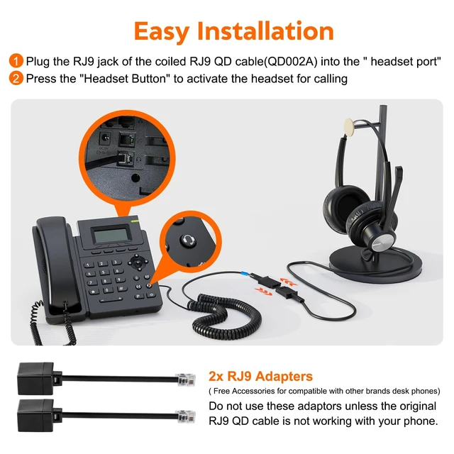 Alt view image 6 of 7 - Office Phone Headset 2 Ears RJ9 RJ11 Call Center Telephone Headphone with Noise Cancelling Microphone for Grandstream Sangoma Yealink Snom Landline Phones SIP and IP Phones