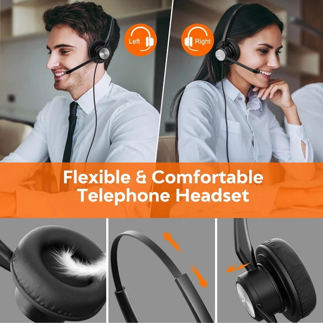 Alt view image 3 of 7 - Office Phone Headset 2 Ears RJ9 RJ11 Call Center Telephone Headphone with Noise Cancelling Microphone for Grandstream Sangoma Yealink Snom Landline Phones SIP and IP Phones