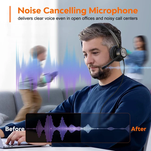 Alt view image 5 of 7 - Office Phone Headset 2 Ears RJ9 RJ11 Call Center Telephone Headphone with Noise Cancelling Microphone for Grandstream Sangoma Yealink Snom Landline Phones SIP and IP Phones