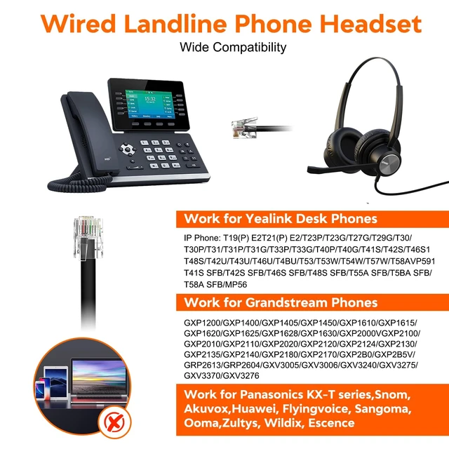 Alt view image 7 of 7 - Office Phone Headset 2 Ears RJ9 RJ11 Call Center Telephone Headphone with Noise Cancelling Microphone for Grandstream Sangoma Yealink Snom Landline Phones SIP and IP Phones