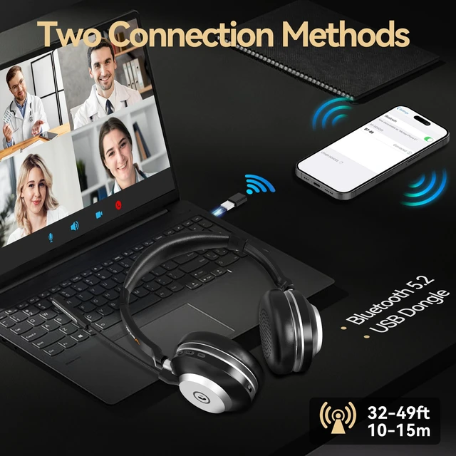 Alt view image 4 of 7 - Wireless Headset with Mic for Work,Bluetooth Headphone with Noise Cancelling Microphone,2.4G USB Dongle & Mic Mute for Laptop/Computer/Cell Phones/Office/Remote Work/Call Center/Zoom/Teams/Skype
