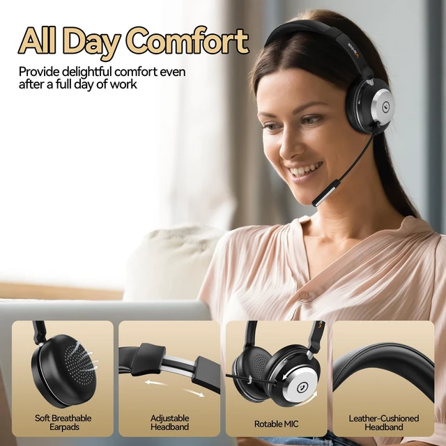 Alt view image 6 of 7 - Wireless Headset with Mic for Work,Bluetooth Headphone with Noise Cancelling Microphone,2.4G USB Dongle & Mic Mute for Laptop/Computer/Cell Phones/Office/Remote Work/Call Center/Zoom/Teams/Skype