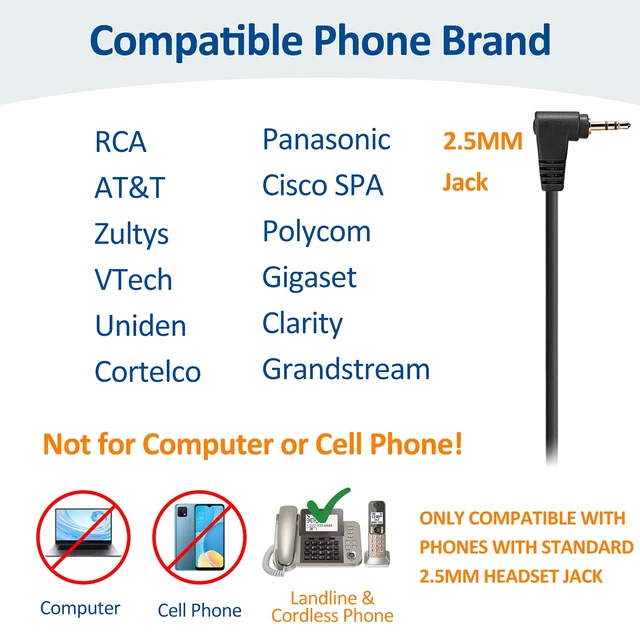 Alt view image 2 of 7 - 2.5mm Telephone Headset with Mic Noise Cancelling, Office Phone Headset Compatible with AT&T ML17929 Panasonic Vtech RCA Uniden Cisco SPA Grandstream Polycom Cordless Dect Phones(A600F)