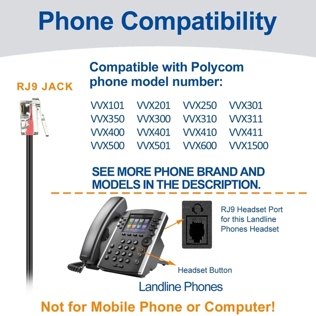 Alt view image 2 of 7 - Phone Headsets RJ9 with Noise Cancelling Mic for Polycom VVX Phones | Office Telephone Headset, Works with Polycom VVX201 VVX250 VVX350 VVX311 VVX310 VVX400 VVX410 VVX411 VVX500 Landline Phones