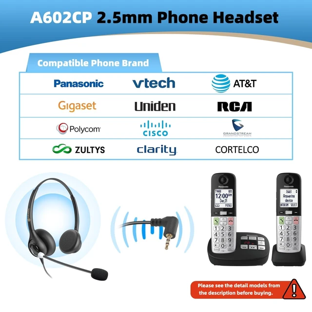 Alt view image 2 of 7 - Cordless Phone Headset with Microphone, 2.5mm Jack Telephone Headset for Office Landline, Noise-Cancelling Mic & Volume Control, Wired Headphones Compatible with Panasonic AT&T Vtech Uniden