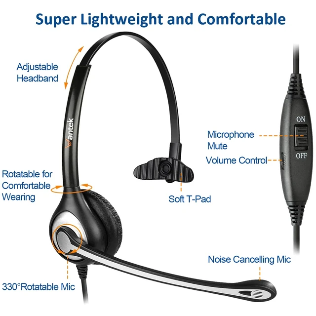 Alt view image 4 of 7 - Phone Headset with Microphone Noise Cancelling, RJ9 Office Telephone Headsets Compatible with Yealink T20P T21P T26P T23G T46G T48G T42S T46S Avaya 1608 9608 9611 Grandstream Panasonic Snom