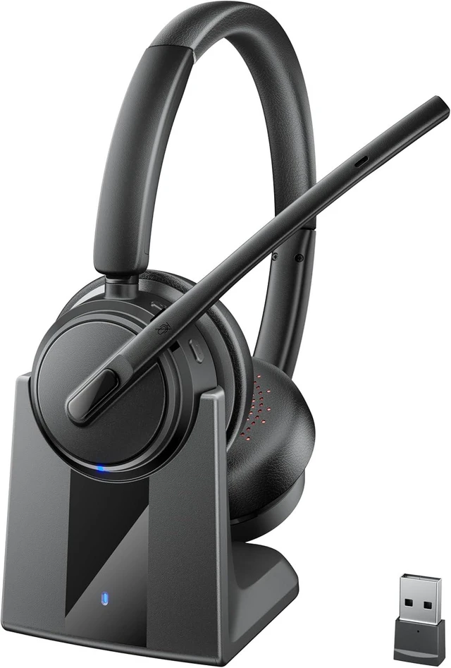 Main image of Wireless Headset with Noise Cancelling Microphone, On-Ear Bluetooth Headset with USB Dongle, Mute Function & Charging Base, Wireless Headphones for Work from Office, PC, Call Center