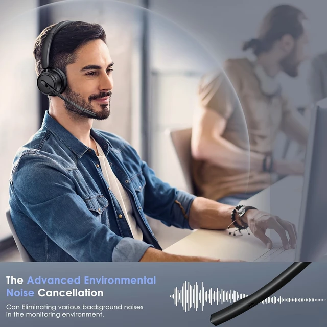 Alt view image 2 of 7 - Wireless Headset with Noise Cancelling Microphone, On-Ear Bluetooth Headset with USB Dongle, Mute Function & Charging Base, Wireless Headphones for Work from Office, PC, Call Center