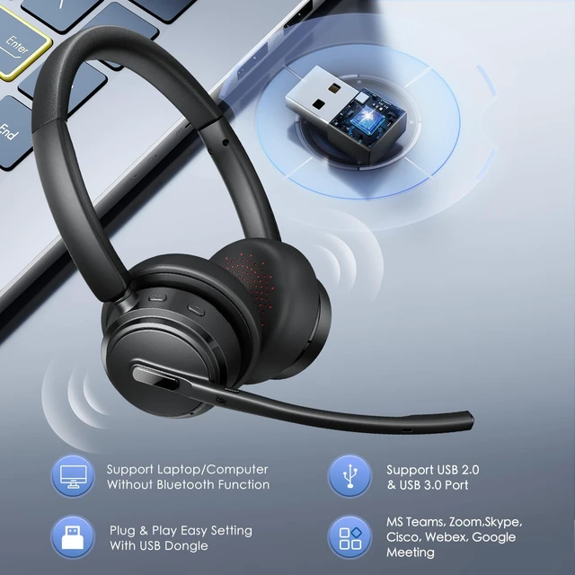 Alt view image 3 of 7 - Wireless Headset with Noise Cancelling Microphone, On-Ear Bluetooth Headset with USB Dongle, Mute Function & Charging Base, Wireless Headphones for Work from Office, PC, Call Center
